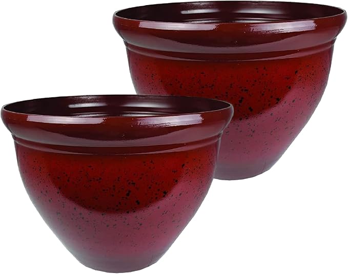 The HC Companies 16 Inch Pizzazz Round Planter Pots with Ceramic Look, Lightweight UV-Resistant Plastic Indoor & Outdoor Planters, 2-Pack Flower Pots for Garden & Home Decor, Warm Red