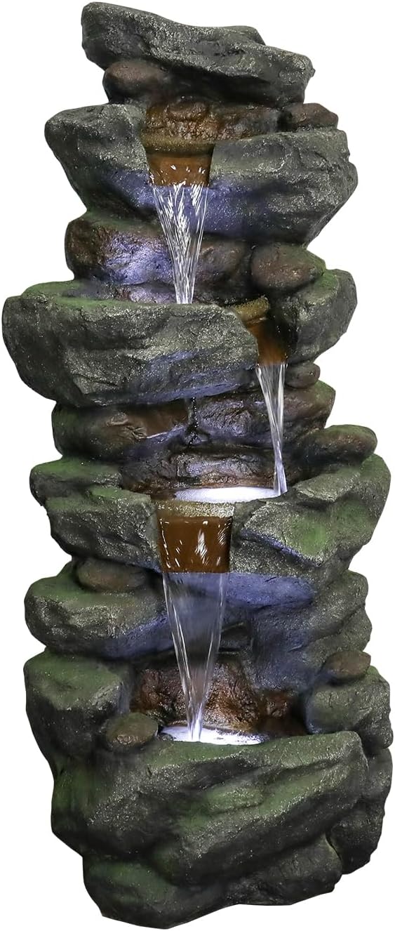 SunJet 40in Outdoor Water Fountain with LED Lights - 4-Tier Polyresin Rock Water Fountain for Home Garden, Yard, Patio, Deck Decor - Soothing Tranquility Floor-Standing Fountains