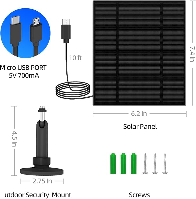 5W Solar Panel for Security Camera, Solar Panel with Micro USB & USB-C Port for DC 5V Outdoor Rechargeable Battery Camera, IP65 Waterproof, 360° Adjustable Security Mount, 9.8ft Cable (2, Black) - Image 4