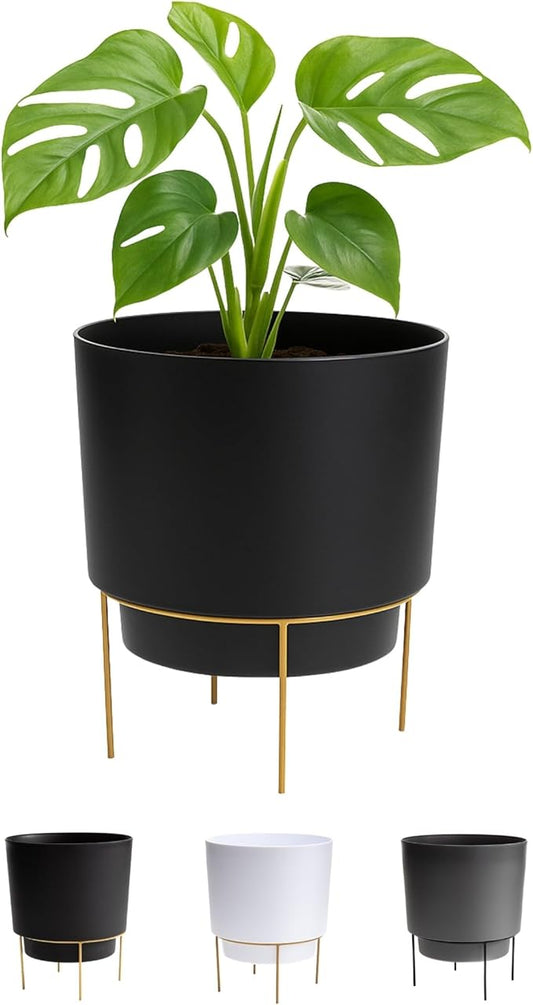 Bloem Hopson Decorative Resin Cachepot with Metal Stand, 14" Indoor and Outdoor Planter with Gold Metal Stand, Black