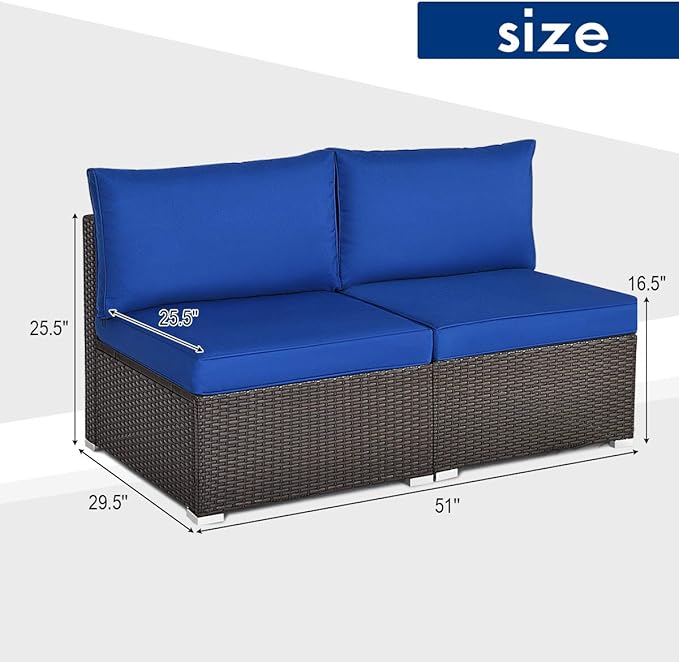 Tangkula 2 PCS Outdoor Wicker Armless Sofa, Patio Rattan Sectional Sofa Set w/2 Thick Seat Cushions and 2 Back Cushions, Additional Seats for Balcony Garden Patio Poolside (Navy Blue)