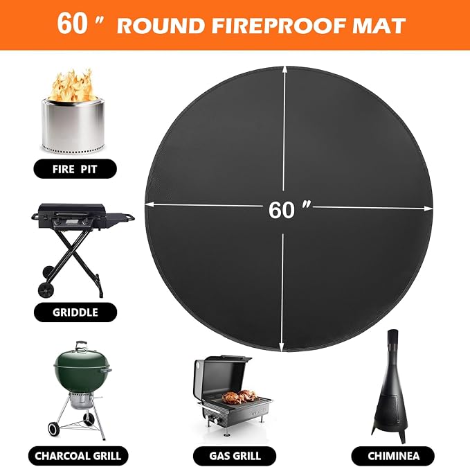 TYLIN Fire Pit Mat for Deck Fireproof, Round Fireproof Under Grill Mat, Oil-Proof Waterproof BBQ Pad for Deck Patio Grass Outdoor Grill Accessories, Portable and Reusable，Black (60x60 inch) - Image 2
