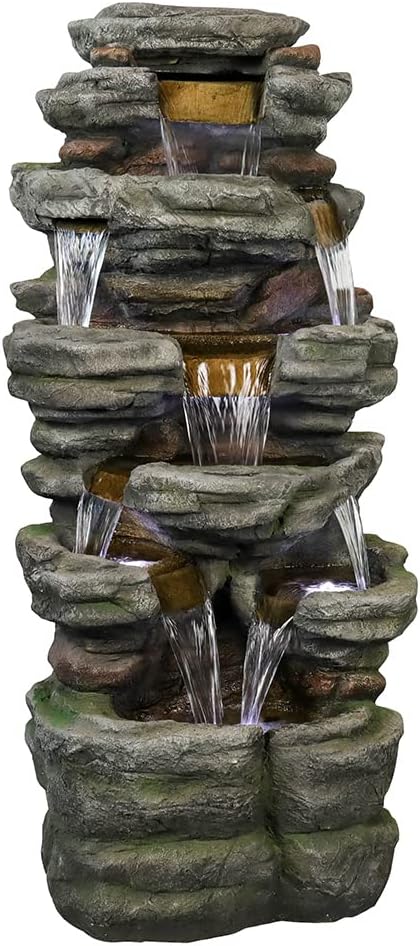 Naturefalls 47.2inches Outdoor Rockery Water Fountain with Led Lights - Poly-Resin Rock Cascading Water Fountains - Relaxation Water Features for Patio, Yard, Deck, Garden Decor