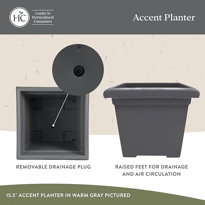 The HC Companies 15.5 Inch Accent Square Plant Pots with Drainage, Lightweight UV-Resistant Plastic Planters for Indoor & Outdoor Plants, 2-Pack Flower Pots for Garden, Office & Home Decor, Warm Gray