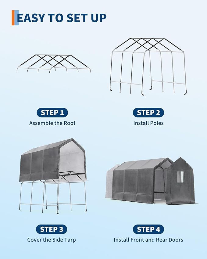 GarveeLife Portable Outdoor Storage Shed with Roll-Up Zipper Door & Vent, 240G Heavy-Duty Shelter Waterproof PE Tarp, UV-Resistant Carport for Motorcycle, Firewood, Tools (Khaki, 7'x15') - Image 5