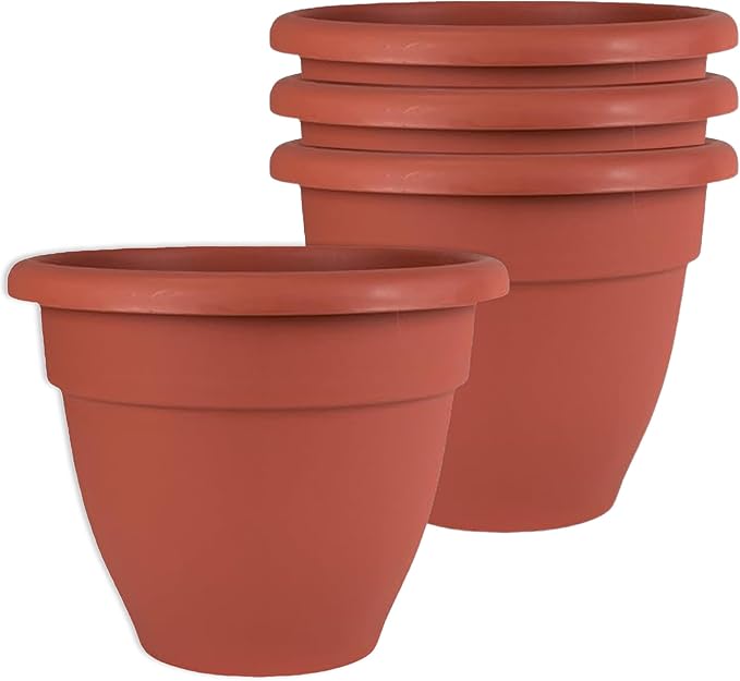 The HC Companies 8 Inch Caribbean Planter Pots with Drainage & Plug, Rolled Rim Plastic Planters for Indoor & Outdoor Plants, 4-Pack Decorative Flower Pots for Garden, Office & Home Decor, Clay