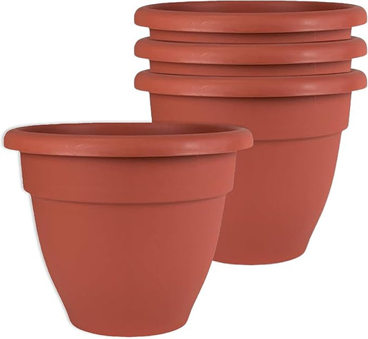 The HC Companies 8 Inch Caribbean Planter Pots with Drainage & Plug, Rolled Rim Plastic Planters for Indoor & Outdoor Plants, 4-Pack Decorative Flower Pots for Garden, Office & Home Decor, Clay
