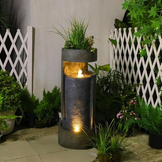 35.9" Tall Modern Indoor/Outdoor Water Fountain with LED Lights and Pump, Freestanding Cascading Waterfall Feature for Garden, Patio, Porch, Yard & Deck Décor – Gray