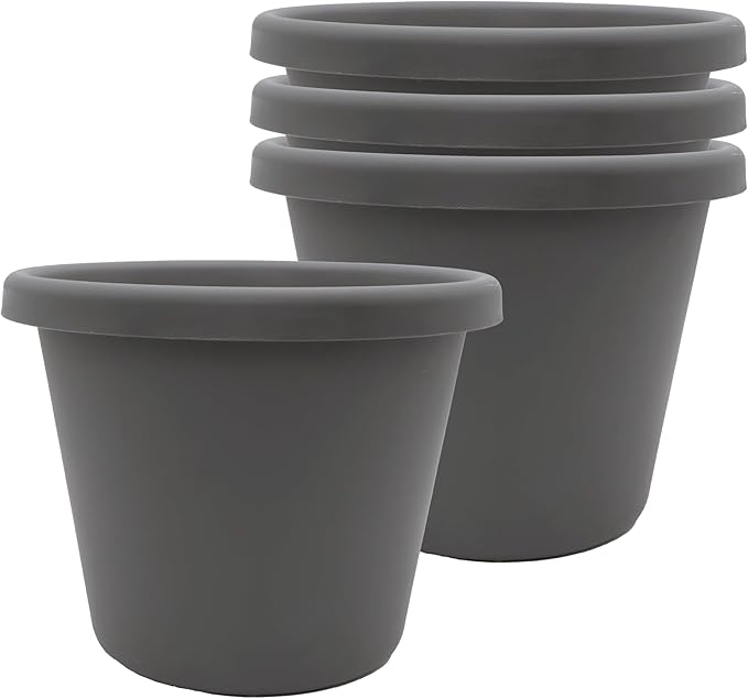 The HC Companies 7 Inch Classic Round Planter Pots with Drainage, Rolled Rim Plastic Planters for Indoor & Outdoor Plants, 4-Pack Decorative Flower Pots for Garden, Office & Home Decor, Warm Gray