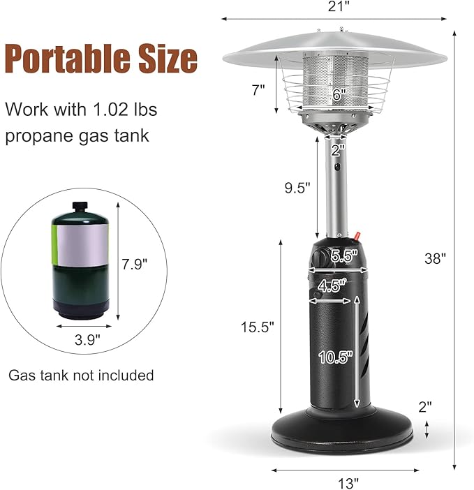 Giantex Outdoor Propane Patio Heater, 13,000 BTU Portable Tabletop Heater w/Weighted Base, Stainless Steel, Adjustable Thermostat, Electric Heater for Backyard, Garden, Commercial Restaurant, Black