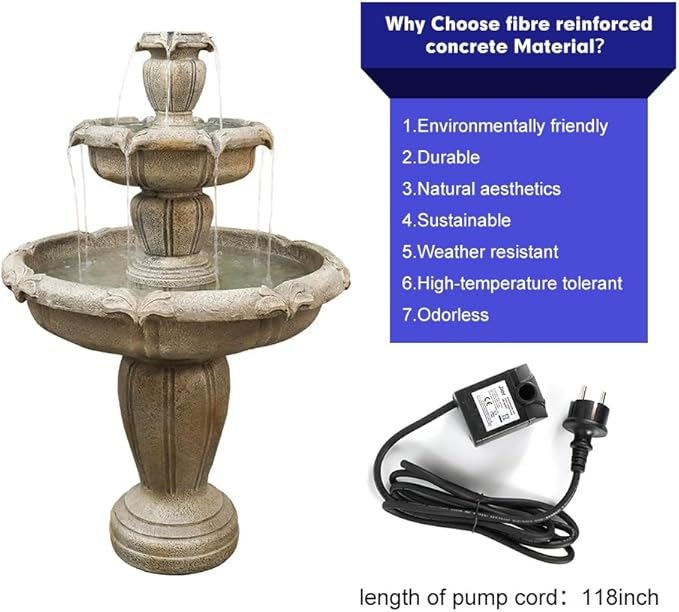 SunJet 48” High Modern Concrete Outdoor Water Fountain - 3 Tiered Large Floor Water Fountain and Waterfalls with Electric Pump for Garden, Patio, Yard, and Deck Decor, Featuring Natural Stone Look