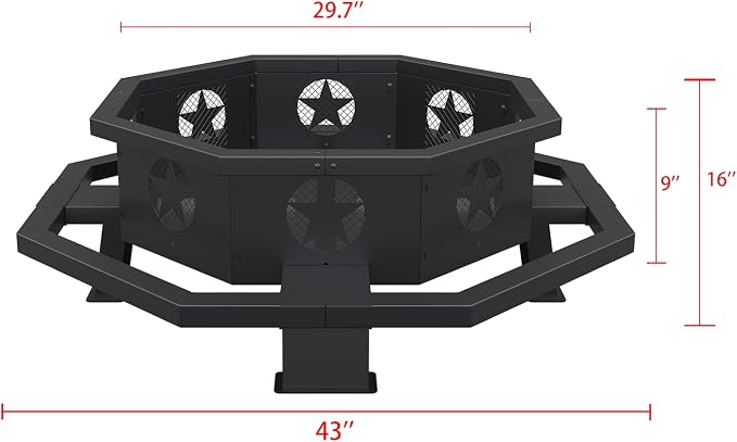 43 inch Fire Pit, Outdoor Wood Burning Fire Pit Octagonal Heavy Duty Firepit for Camping, Backyard, Patio, Black - Image 5