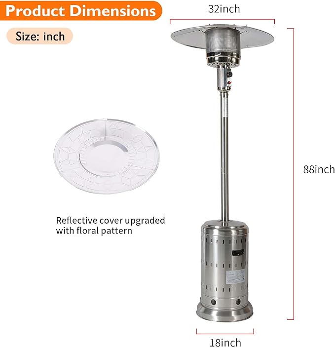 48,000 BTU Propane Patio Heater for Outdoor Use with Wheels and Cover, Stainless Steel Burner for outdoor use, Triple Protection System, Garden Commercial Residential(Silver)