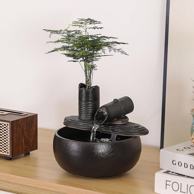 Ceramic Tabletop Fountain Water Feature Fall Indoor and Outdoor Decoration (Black Bamboo A151)