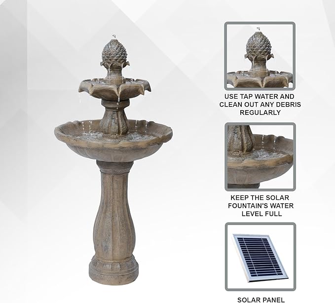 XBrand 44" Solar Powered 2-Tier Outdoor Water Fountain, Fiberglass Resin Garden Bird Bath Fountain with Auto Shut-Off Pump