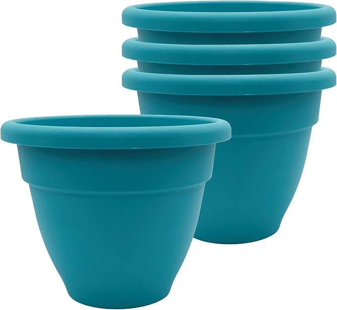 The HC Companies 6 Inch Caribbean Planter Pots with Drainage & Plug, Rolled Rim Plastic Planters for Indoor & Outdoor Plants, 4-Pack Decorative Flower Pots for Garden, Office & Home Decor, Dusty Teal