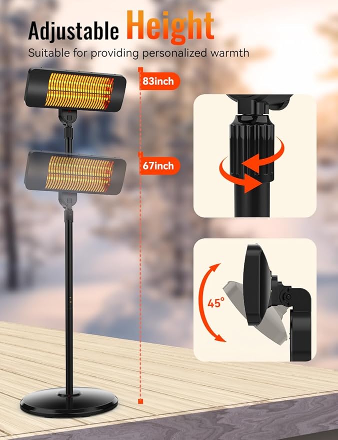 Outdoor Heaters for Patio, 12H Timer&3 Heat Level, IP54 Waterproof Electric Heater,1500W Infrared for 1S Heating, Tip-Over Protection, Towel Bracket, Remote, 83" Patio Heaters for Outdoor Use