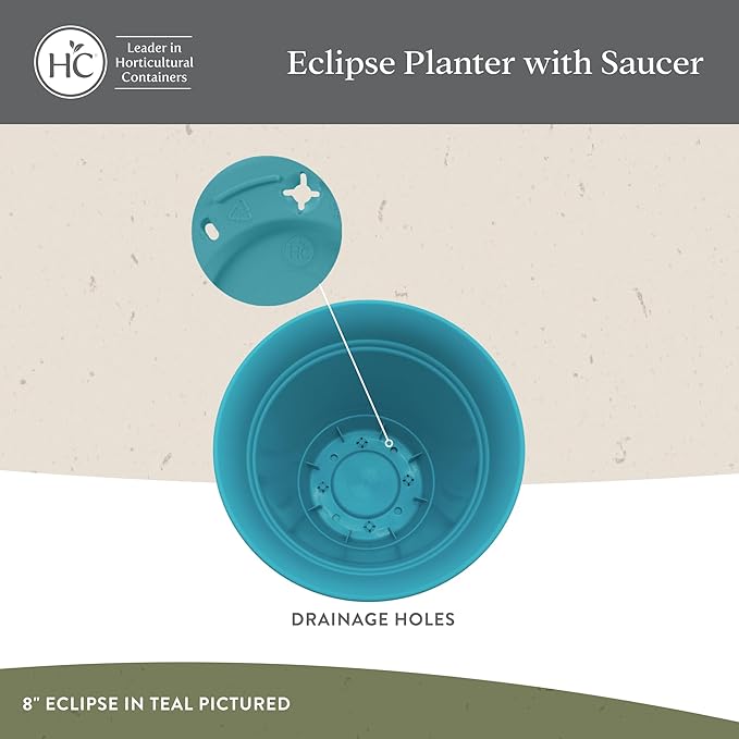 The HC Companies 8 Inch Eclipse Round Planter Pots with Drainage Holes & Attached Saucer, Lightweight UV-Resistant Plastic Indoor & Outdoor Planters, 4-Pack Flower Pots for Garden & Home Decor, White