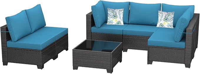 7 Pieces Patio Furniture Set, Outdoor Sectional Rattan Sofa Set, Wicker Patio Conversation Set with Cushions and Glass Coffee Table, for Balcony, Porch, Garden, (Brown/Peacock Blue)