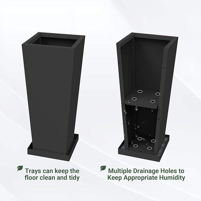 24 inch Metal Tall Planters Set of 2, Durable Taper Planter with Drainage Holes & Insert Shelves & Trays for Outdoor Indoor Garden Patio Front Door
