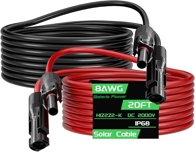 20Feet 8AWG Solar Panel Extension Cable, Bateria Power 8 Gauge 8mm² PV Wire with Female & Male Waterproof Connectors for RV, Photovoltaic Systems, Set of 2 by BateriaPower
