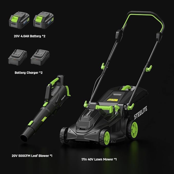 STEELITE 40V (2x20V) 17" Cordless Lawn Mower & 500 CFM Electric Leaf Blower Combo Kit with 2x4.0Ah Batteries & Dual Chargers - Image 9