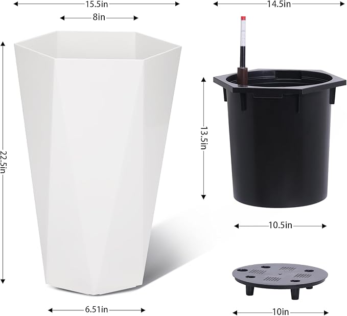 GarveeLife 22.5 in Tall Diamond Planters Set of 2, Self Watering Planters with Water Level Monitor and Wheels, Flower Pots Outdoor and Indoor for Patio, Porch, Living Room, Home Office, White