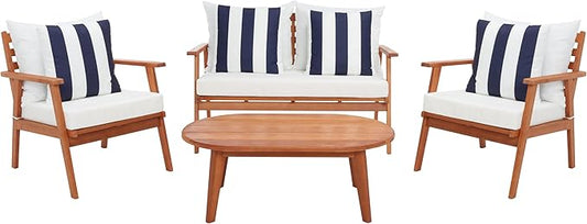 SAFAVIEH Outdoor Collection Deacon Natural Acacia Wood/Beige Cushion 4-Piece Conversation Patio Set with Accent Pillows
