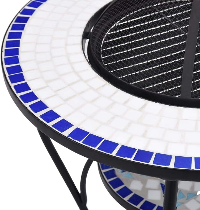 Mosaic Fire Pit Table, Outdoor Patio Wood Burning Fireplace, 26.8" Ceramic Top with Grill, Poker, and Safety Lid for Backyard Heating - Image 7
