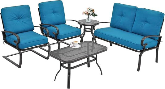 SOLAURA 5-Piece Patio Furniture Conversation Sets with Wrought Iron Loveseat and Spring Chairs（Peacock Blue）