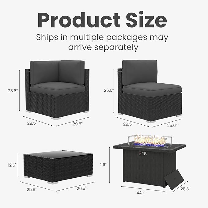 15 Pieces Patio Furniture Set with 44" Propane Gas Fire Pit Table, Outdoor Sectional Wicker Conversation Sofa Sets with Coffee Table