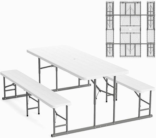 VINGLI Folding Picnic Table and Bench Set, Portable Outdoor Dining Furniture for Camping, Patio, Backyard, Wood Grain Plastic Top with Metal Frame (White) by VINGLI