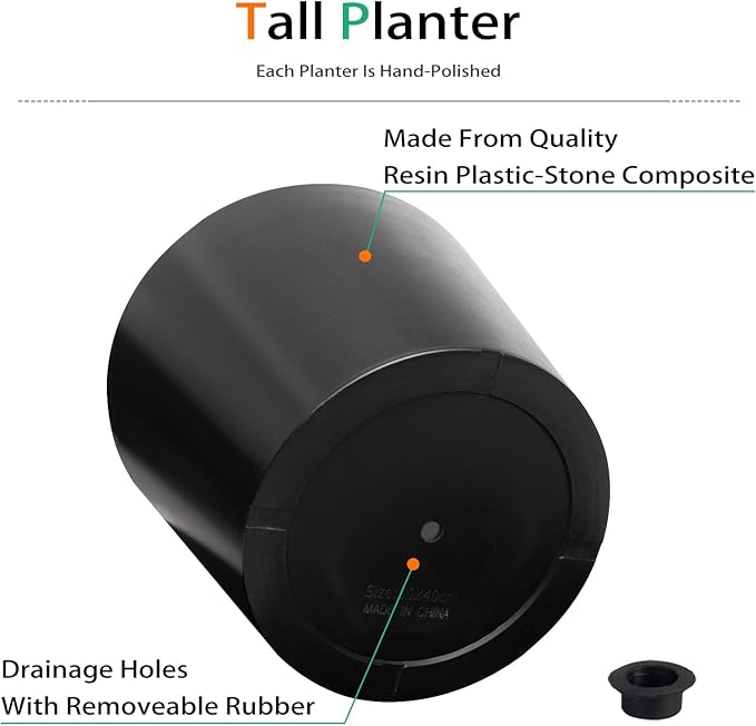 Wide Planters for Outdoor Plants, Extra Large Indoor Flower Pots for Garden, Front Porch, Patio - Round Resin Planter Set of 2 (Black, 16" D x 14" H)