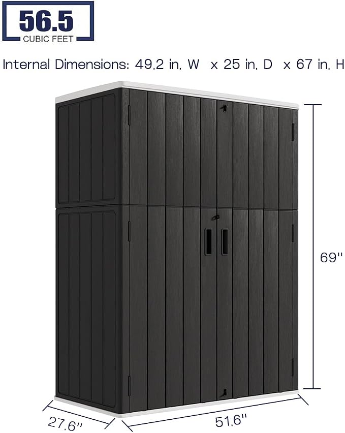 KINYING Outdoor Storage Cabinet Waterproof, 57 Cu.ft Resin Vertical Outdoor Storage Shed for Patio Furniture, Garden Tools, Pool Accessories, Mower Storage (Black) - Image 4