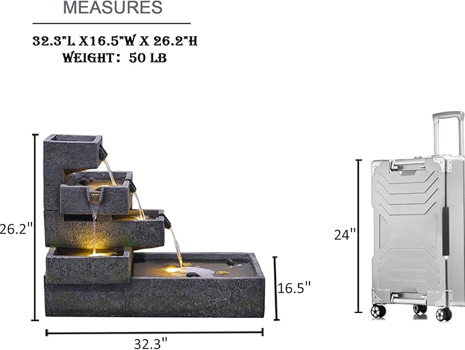 Tiered Water Fountain Outdoor Garden - Waterfall Indoor Freestanding Cascade Fountain Concrete Artistry Modern Style with LED Lights for Patio Yard Pool Home Decor,32.5 inches Long
