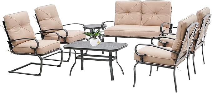 SOLAURA Outdoor Metal Furniture Sets 7-Piece Patio Conversation Set (2 Spring Chairs, 2 Patio Chairs, Loveseat with Coffee Table and Side Table), Brown