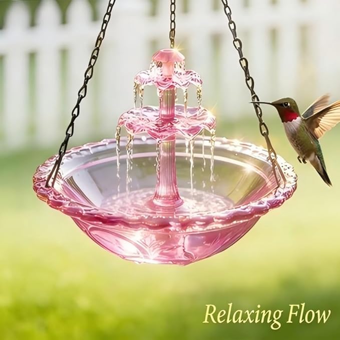 Hanging Solar Bird Bath Fountain 3 Layers,Solar Cascade Hanging Bird Bath Fountain,Hummingbird Water Fountain Solar with Solar Water Pump,Suitable for Gardens,Backyards,Patios,and Lawns. (Pink)