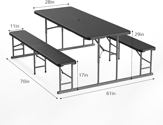 VINGLI Folding Picnic Table and Bench Set with Umbrella, Portable Outdoor Dining Furniture for Camping, Patio, Backyard, Wood Grain Plastic Top with Metal Frame (White) - Image 6