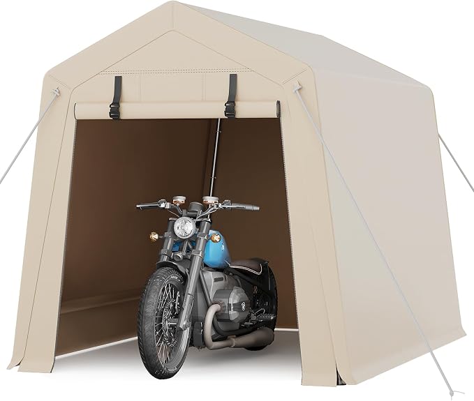 GarveeLife Portable Outdoor Storage Shed with Roll-Up Zipper Door & Vent, 240G Heavy-Duty Shelter Waterproof PE Tarp, UV-Resistant Carport for Motorcycle, Firewood, Tools (Khaki, 6'x8') by GarveeLife