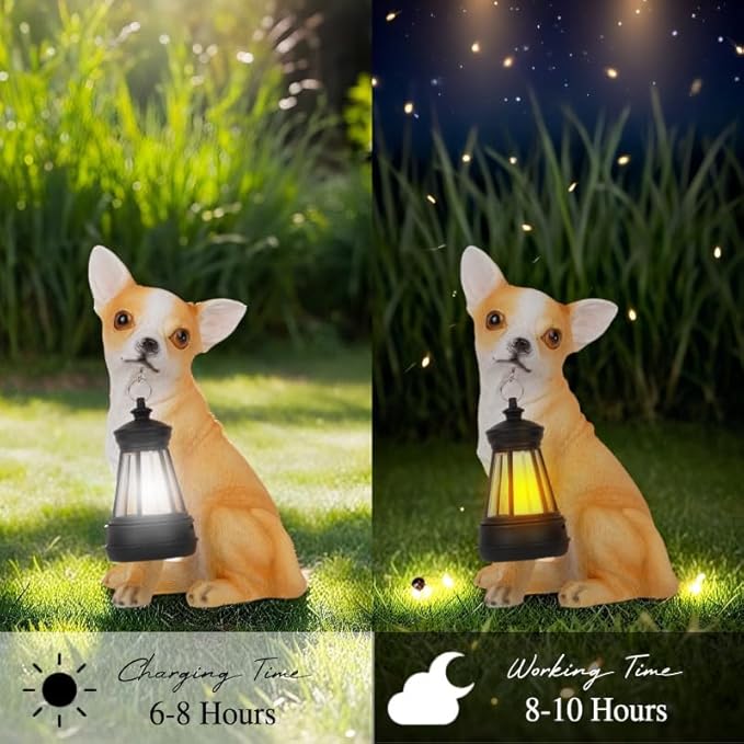 Chihuahua Garden Statues with Solar Lantern, Outdoor Figurine Resin Sculpture Hanging Solar Power Lights for Decoration Yard Patio Balcony Lawn Ornament Art Decor, Unique Gift for Grandma Wowen Mom
