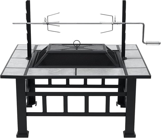 Fire Pit Table for Outside 37 Inch Square Firepits with Grill Large Wood Burning Heavy Duty Steel BBQ Bonfire Pit Outdoor Cooking with Spark Screen Log Grate Poker for Backyard Garden Camping by Garpans