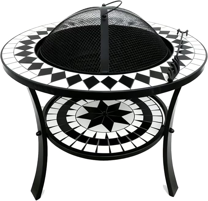 Mosaic Outdoor Fire Pit Table with BBQ Grill, Round Terracotta Pattern Top, Black Metal Stand, Patio Garden Decor Customized (Black) - Image 4