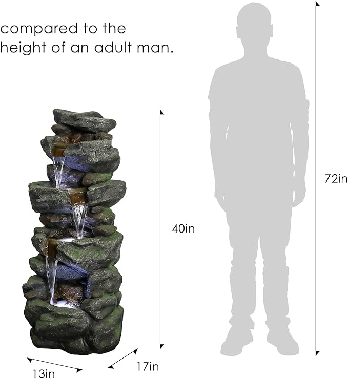 SunJet 40in Outdoor Water Fountain with LED Lights - 4-Tier Polyresin Rock Water Fountain for Home Garden, Yard, Patio, Deck Decor - Soothing Tranquility Floor-Standing Fountains