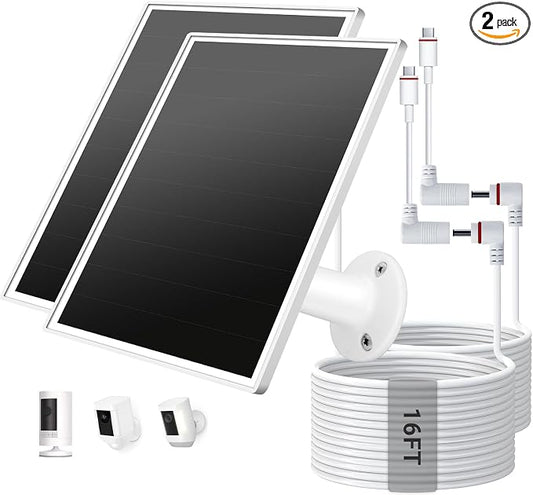 2 Pack Solar Panel for Ring Camera, 6W Solar Charger with USB-C & Barrel Plug for Ring Stick Up Pro/Plus & Spotlight Cam Battery Series, Waterproof, 16ft Cable (White) by Unknown