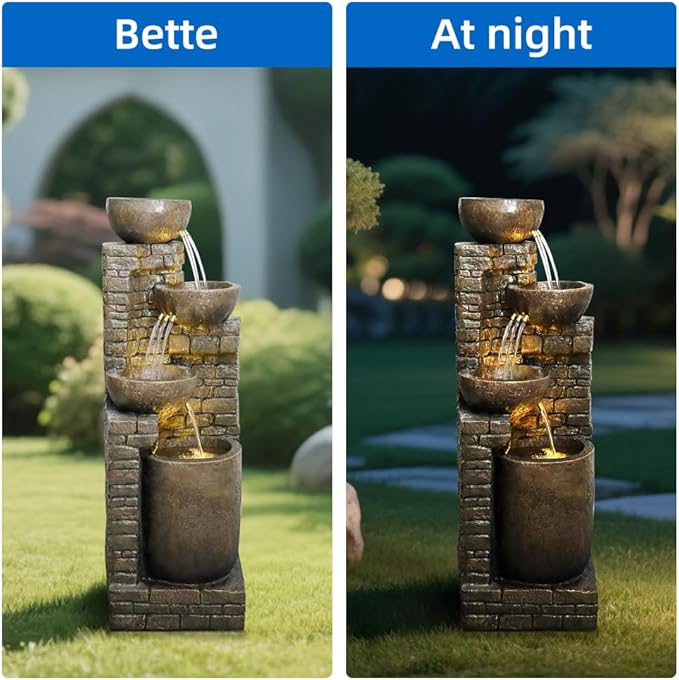 38.2 ''H Cascading Bowls and Stacked Stones with Led Lights Outdoor Water Fountain for Gardens, Landscaping, Balconies, Floor Patio,Backyard and Home Art Decor