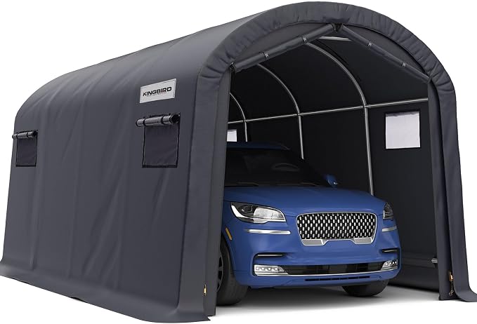KING BIRD 10' x 20' Round Style Garage Shelter with Roll-up Ventilated Windows Heavy Duty Storage Carport Portable Canopy Storage Shelter Shed for Boat, Patio Furniture and Lawn Mower-Dark Gray by KINGBIRD