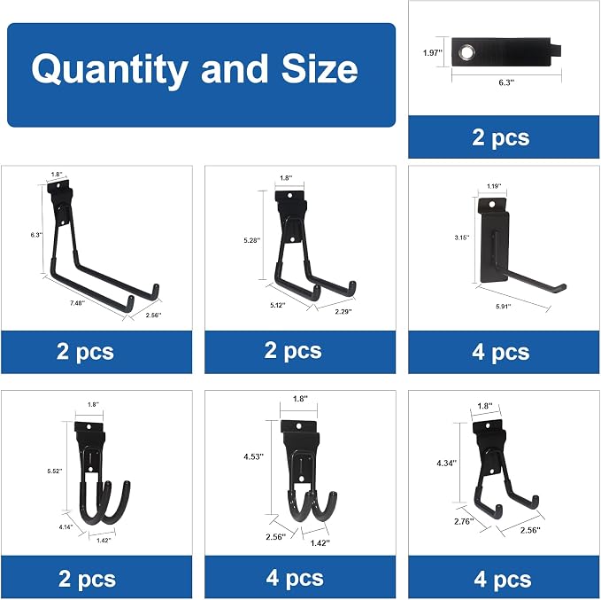 NeatiEase 20 PCS Slatwall Accessories Kit for Garage Rooms Shops Storage Organizing Display, Slat Wall Accessory Includes 18 PCS Multisized Heavy Duty Slatwall Hooks and 2 Pack Velcro Straps - Image 2