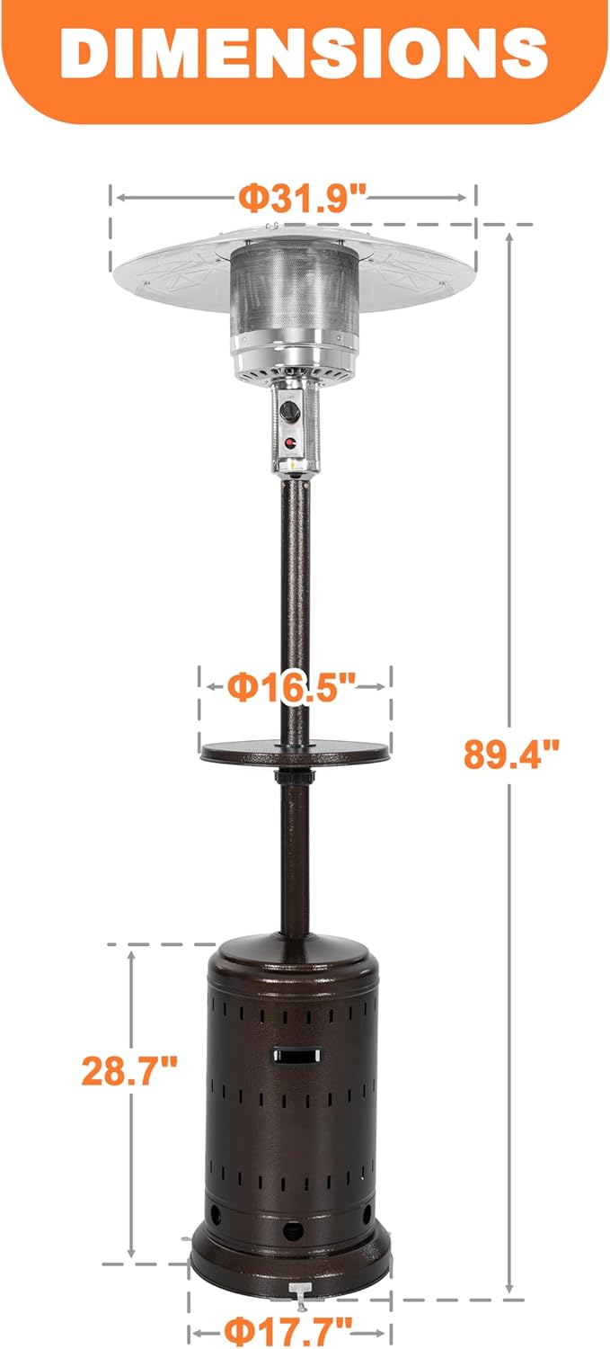 Nuu Garden Outdoor Propane Gas Patio Heater with Liftable Drink Stand and Wheels, 304 Stainless Steel Burner Patio Heater for Backyard, Garden, Porch, Brown