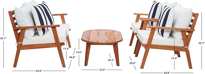 SAFAVIEH Outdoor Collection Deacon Natural Acacia Wood/Beige Cushion 4-Piece Conversation Patio Set with Accent Pillows