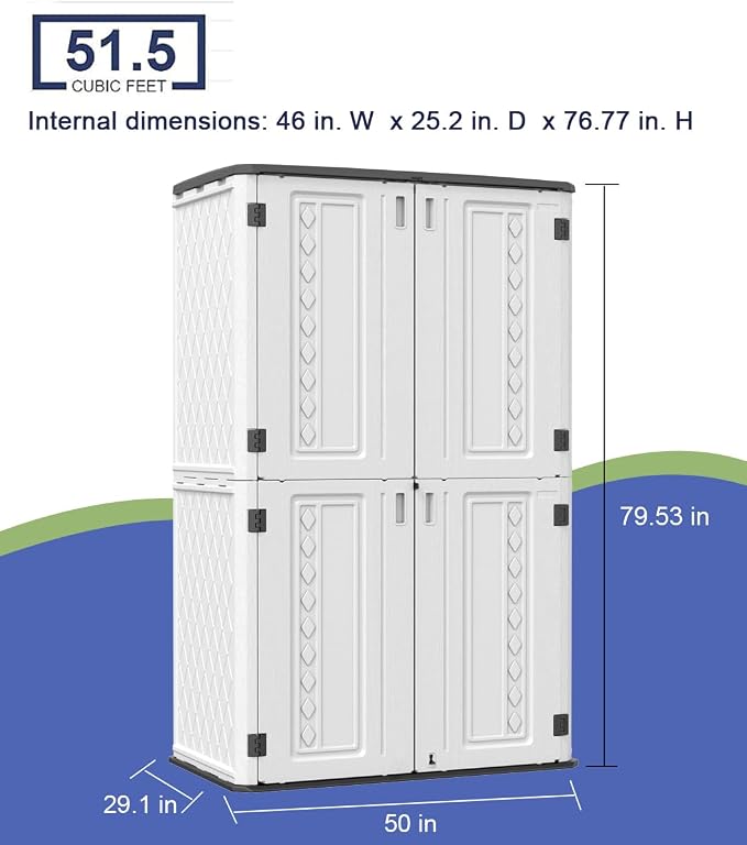 Outdoor Storage Shed,KINYING Outdoor Storage Cabinet Waterproof with Double Doors,52 Cu.ft Resin Vertical Tool Shed for Garden,Patio,Backyard,4×2.5×6.6 FT - Image 7